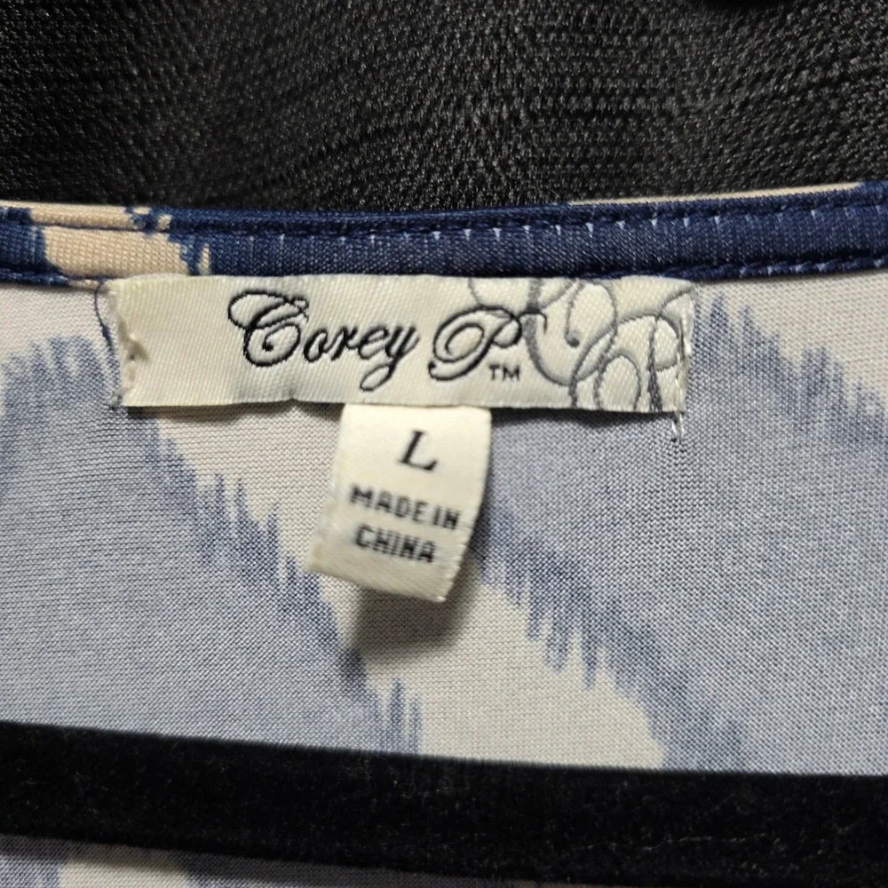 Corey‎ P Womens Navy Blue Cream Chevron Ikat Faux Wrap V-Neck Dress Large